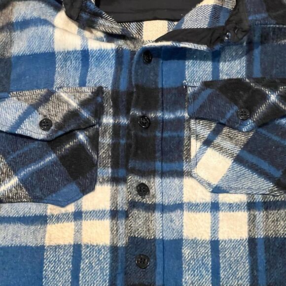 Vintage 70s Kings Road Loop Collar Wool Flannel Shirt Blue Plaid Sears Sz Large - Picture 6 of 8